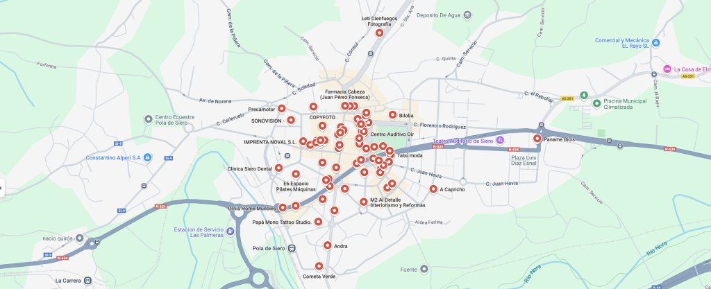 plano con el comercio local de siero